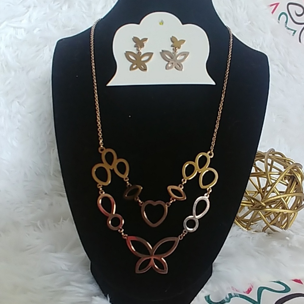 Rose Gold Stainless Steel Butterfly Necklace Earrings Set